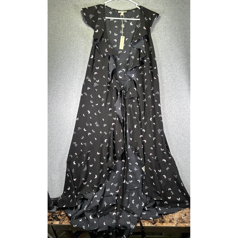 NWT Max Studio Butterfly Print Wrap Dress Womens Large Black Ruffle High Low